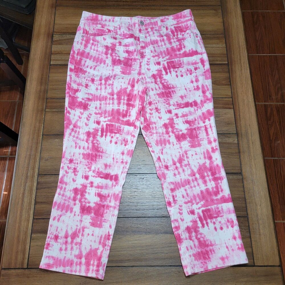 Style & Co Pink & White Tie-Dye Denim Curvy Capri Jeans - Size 14